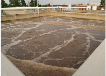 An aeration basin at a wastewater treatment plant.